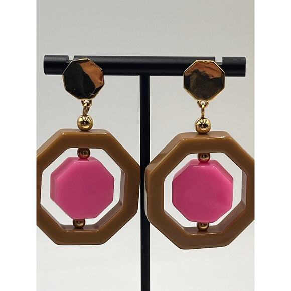 Kate Spade Pink Brown Resin Plastic Geometrical Hexagon Drop Pierced Earrings - Picture 4 of 10